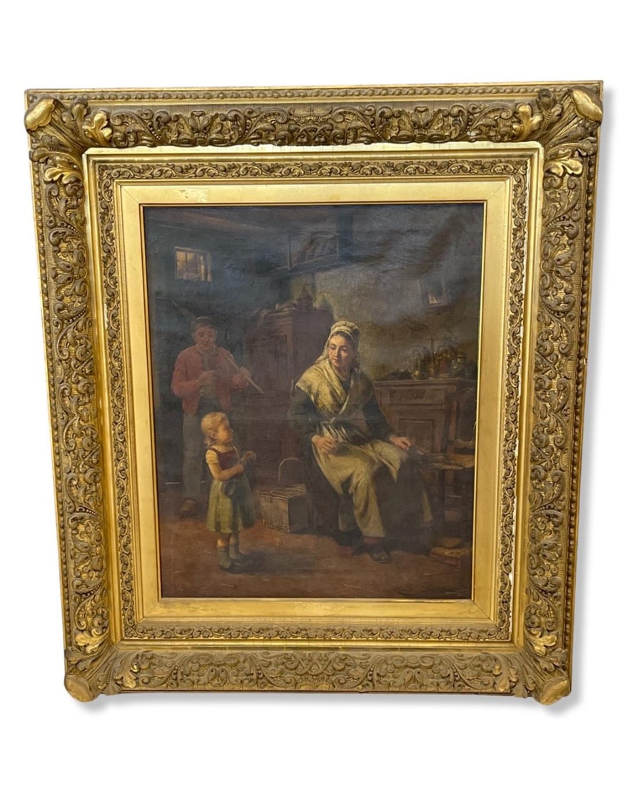 Signed Corneille Petit (19th Century, Belgian) Oil Painting on Canvas Depicting Family Scene: Signed Corneille Petit (19th Century, Belgian) Oil Painting on Canvas Depicting Family Scene. Signed lower right measures H: 21 1/2" x W: 17 1/2", 5" frame