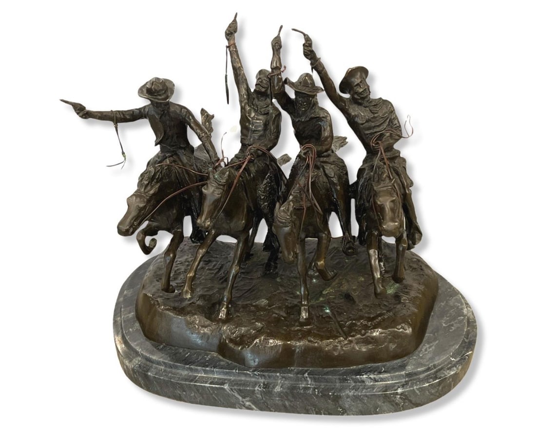 Signed After Frederic Remington (1861-1909) Bronze on Marble Coming Through the Rye Sculpture: Signed After Frederic Remington (1861-1909) Bronze on Marble Coming Through the Rye Sculpture. Signed on base, measures 13" x 14" x 11". One figure is loose, sold as is