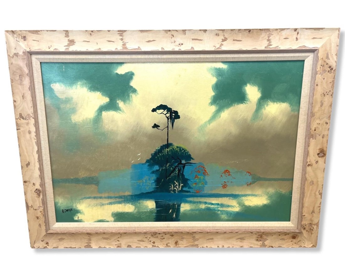 Signed Rodney Demps (1953-2020) Florida Highwaymen Oil Painting on Board Wetland Landscape Scene (1 of 5)