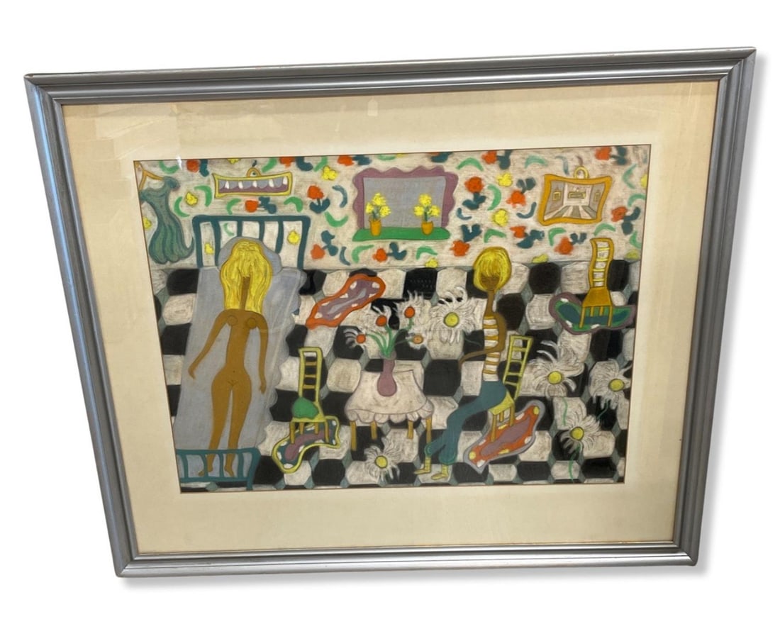 Signed Pegeen Vail Guggenheim (American, 1925-1965) Original Mixed Media Painting on Paper Honeymoon: Signed Pegeen Vail Guggenheim (American, 1925-1965) Original Mixed Media Painting on Paper Honeymoon Depicting a Figural Group Abstract Figures includes Nude Femala & Botanical Elements. Signed lower 