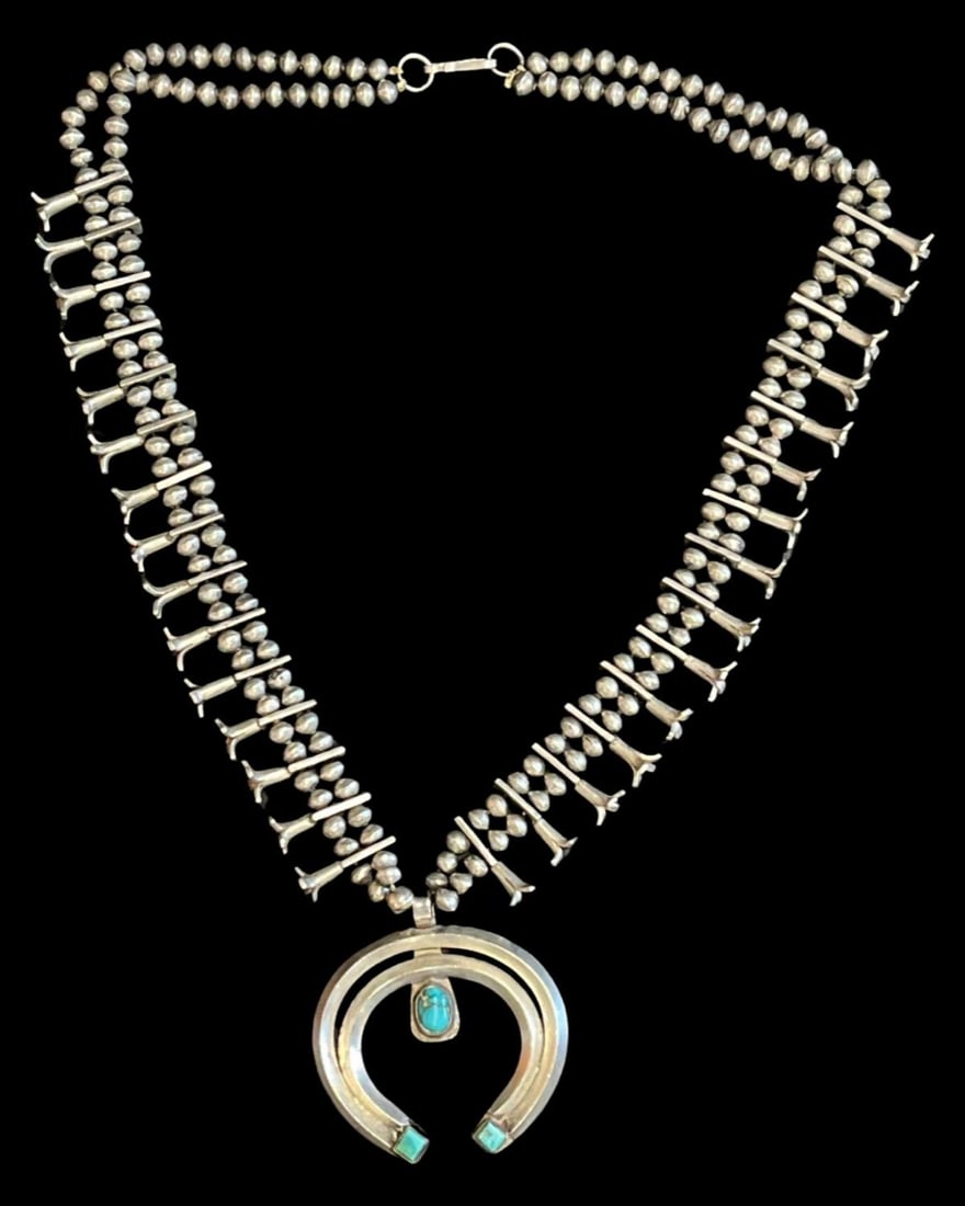 Native American Sterling Silver & Turquoise Squash Blossom Necklace: Native American Sterling Silver & Turquoise Squash Blossom Necklace measures L: 13", weighs 6 OZT