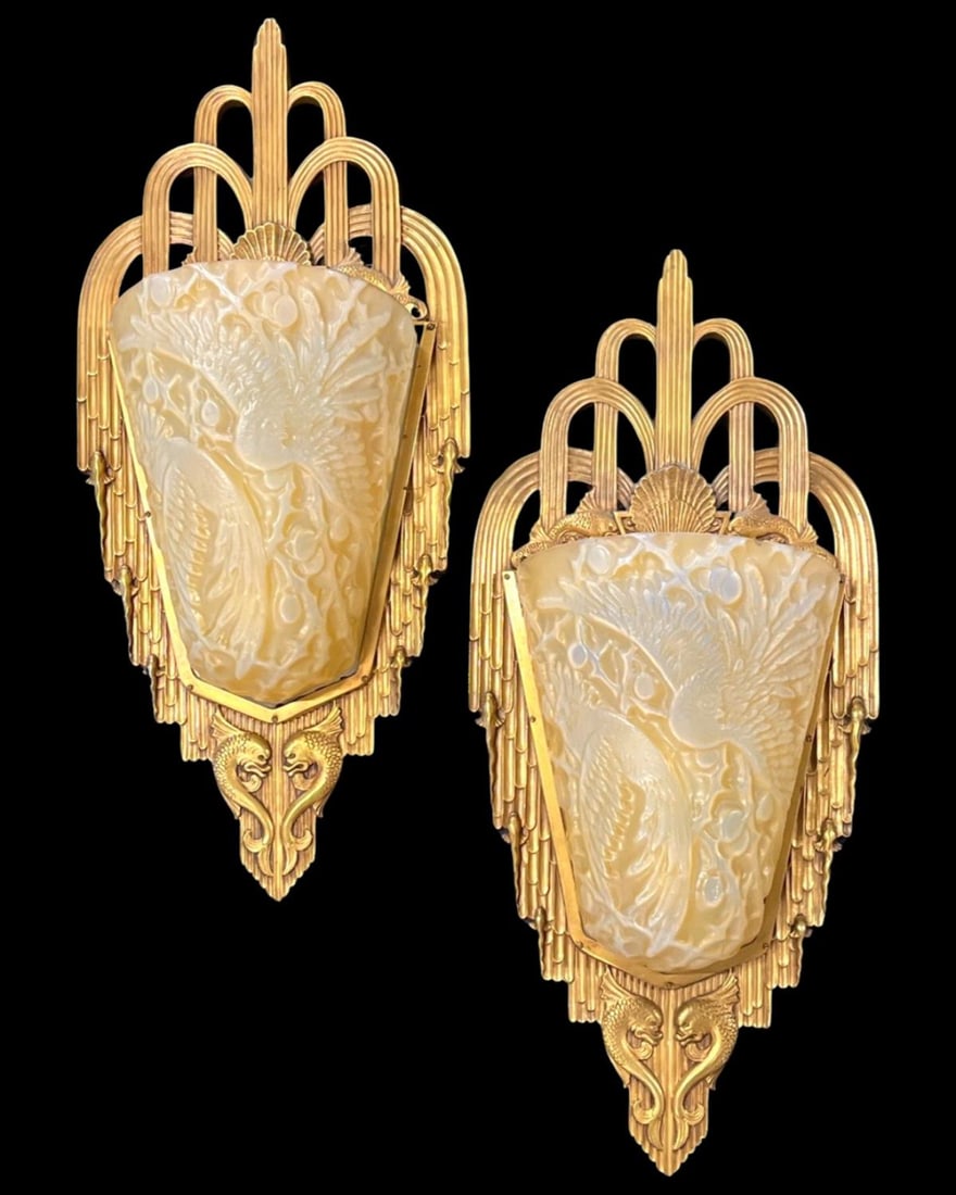 Pair of French Art Deco Wall Sconces with French Metal & Sabino Glass Mounting (1 of 2)