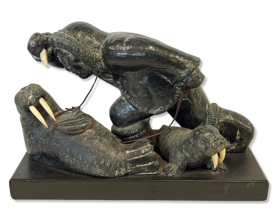 Canadian Inuit Hand Carved Soap Stone Sculpture Hunt Scene Wolf, Labeled on Bottom (1 of 3)