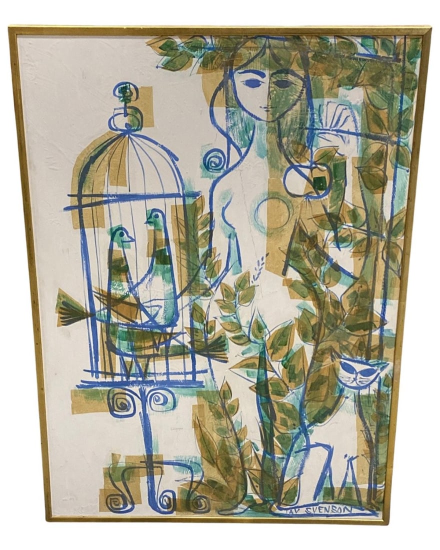 Signed Tav Svenson Mixed Media on Board Depicting Figural Nude, Cat and Birds: Signed Tav Svenson Mixed Media on Board Depicting Figural Nude, Cat and Birds. Signed lower right, measures H: 43" x W: 33 1/2"