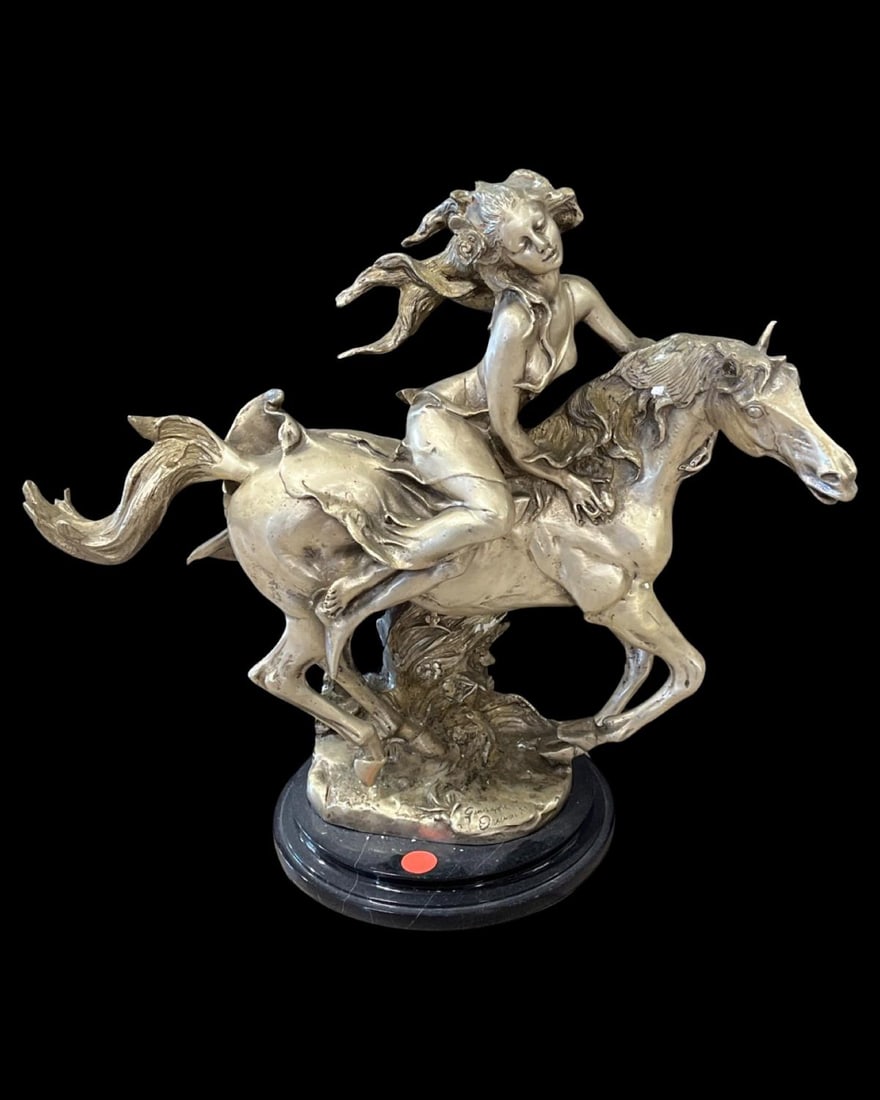 Signed Giuseppe Armani Silver Bronze Sculpture on Black Marble Base Liberty Woman on Horse (1 of 3)