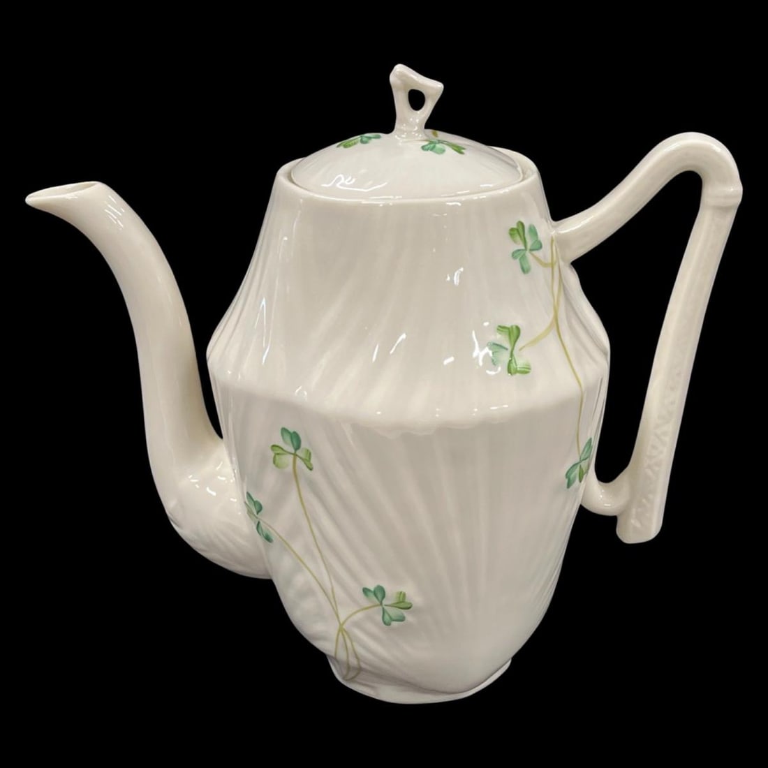 Irish Belleek Shamrock Harp Coffee Pot: Irish Belleek Shamrock Harp Coffee Pot measures H: 8" x W: 8 1/2"