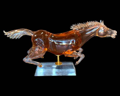 Signed Pino Signoretto (Italian b. 1944) Murano Art Glass Horse Sculpture on Pedestal Base: Signed Pino Signoretto (Italian b. 1944) Murano Art Glass Horse Sculpture on Pedestal Base. Measures H: 14 1/2" x W: 29"