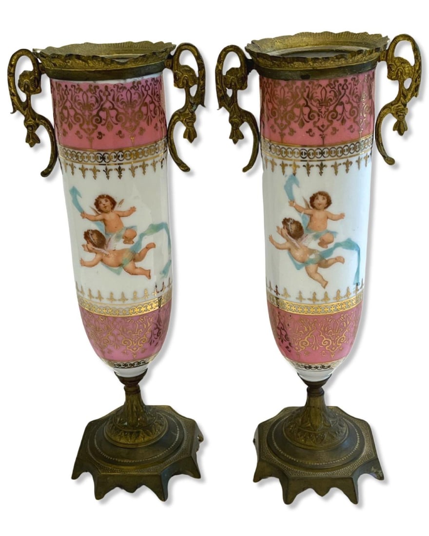 Pair of French Porcelain & Brass Mounted Urns (1 of 2)