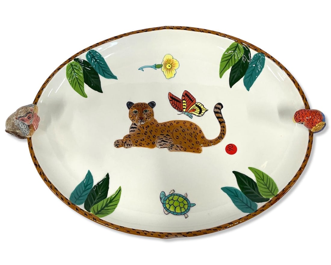 Lynn Chase Jungle Jubilee Oval Serving Tray Plate with Parrot & Monkey Handles: Lynn Chase Jungle Jubilee Oval Serving Tray Plate with Parrot & Monkey Handles measures W: 20" x DIA: 14"