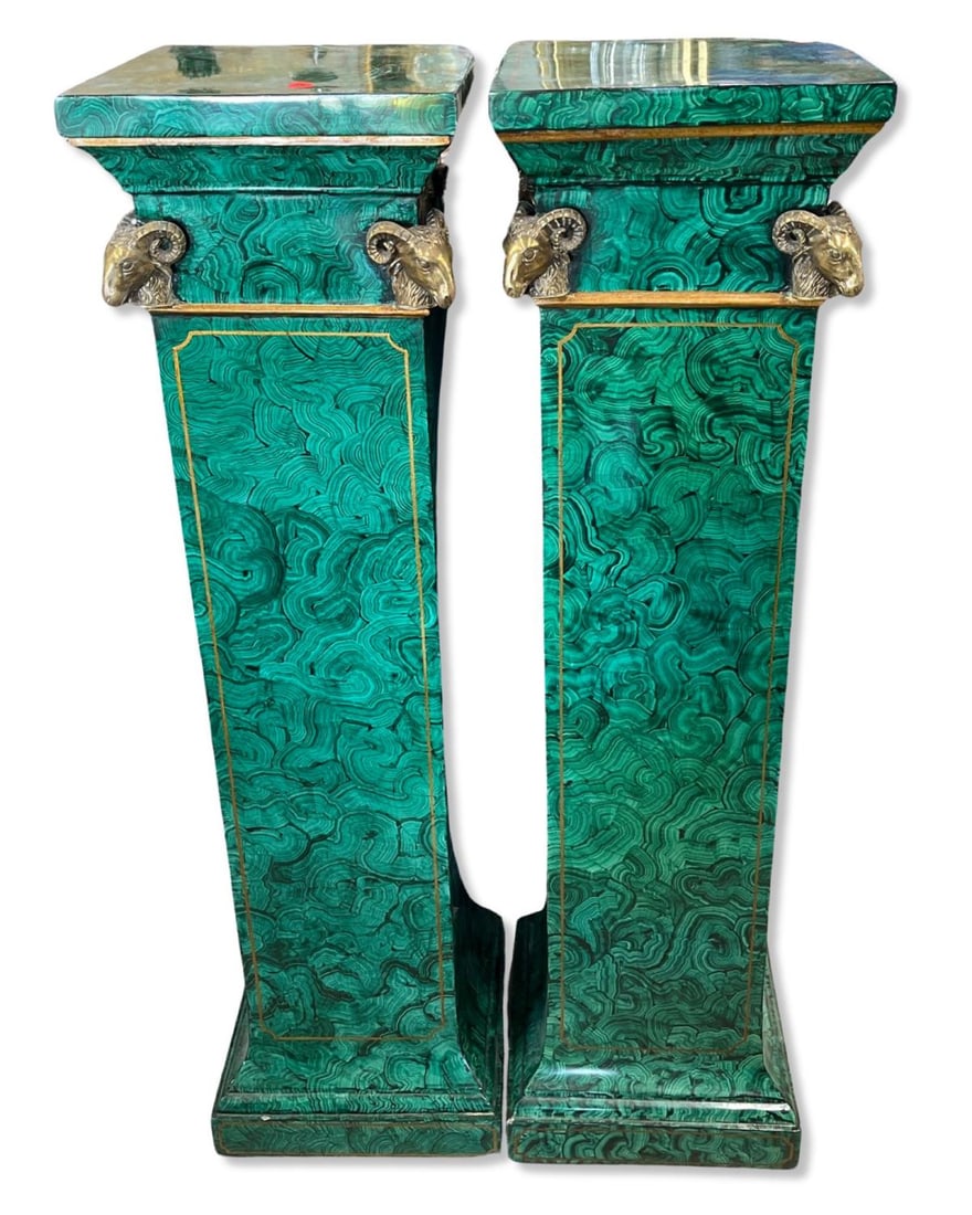 Pair of Maitland Smith Faux Malachite Tole Pedestal Stand with Rams Head Decoration (1 of 2)