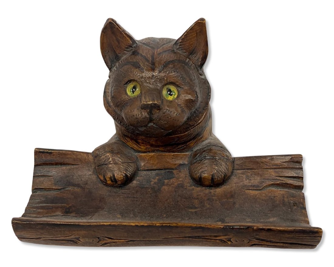 Black Forest Carved Figural Cat Inkwell with Pen Holder with Glass Eyes (1 of 2)