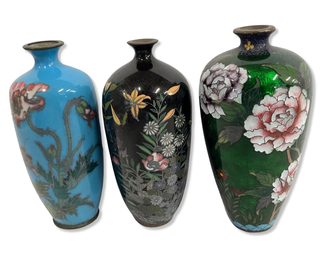 Three Pcs Japanese Cloisonne Enamel Gimbari Vases (1 of 2)