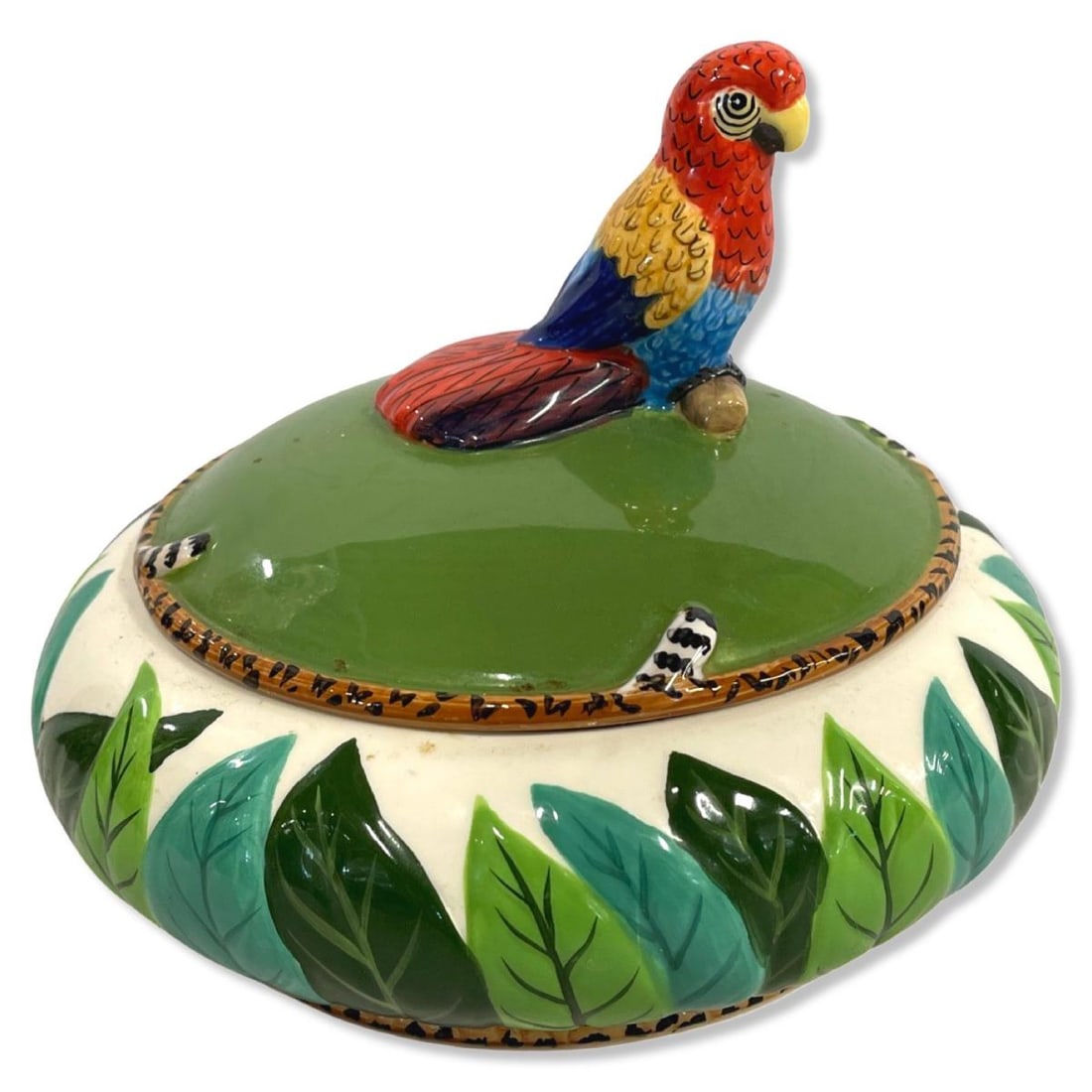 Lynn Chase Jungle Jubilee Covered Tureen with Parrot Handle: Lynn Chase Jungle Jubilee Covered Tureen with Parrot Handle measures 7" x 8"