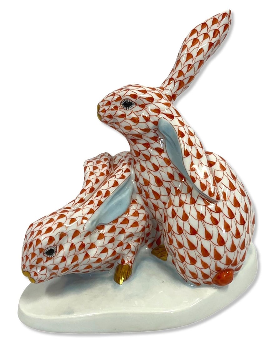Herend Hungary Fishnet of Two Rabbits Porcelain Figurines (1 of 3)