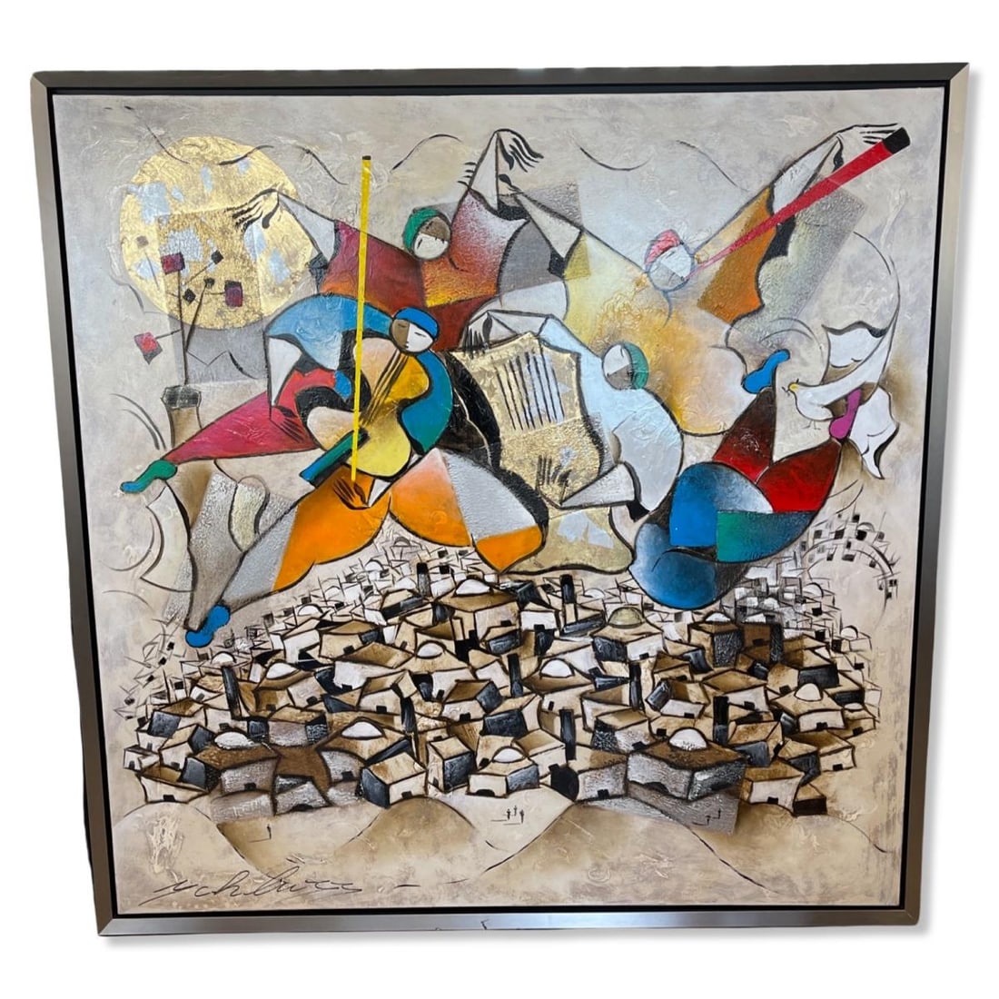 Signed David Schluss (Israeli b. 1943) Painted on Canvas Abstract Musician (1 of 3)