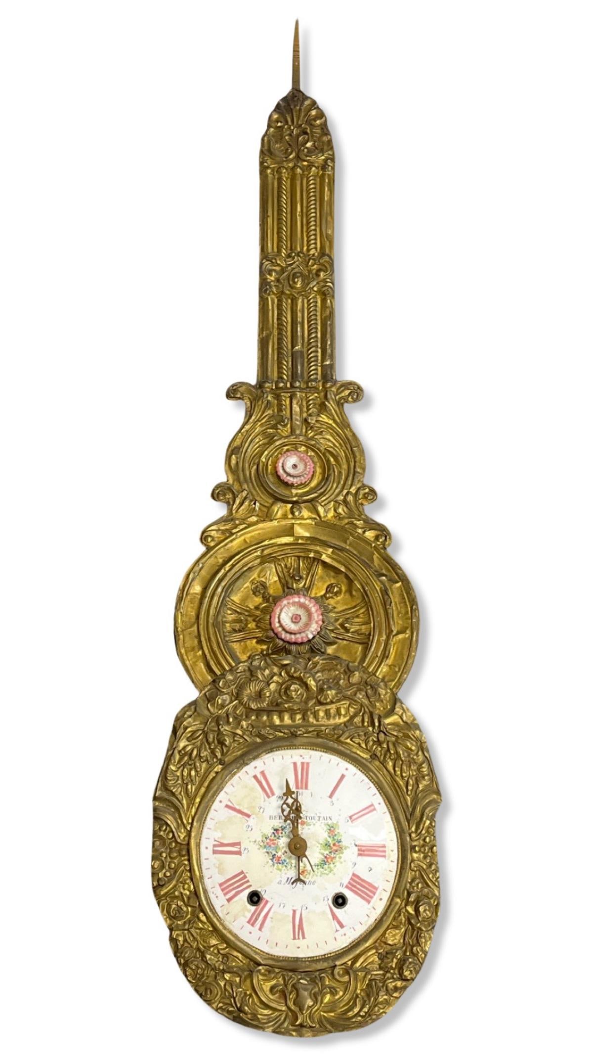 French Comtoise Gilt Metal Wall Clock with Enamel Dial & Roman Numerals (1 of 3)