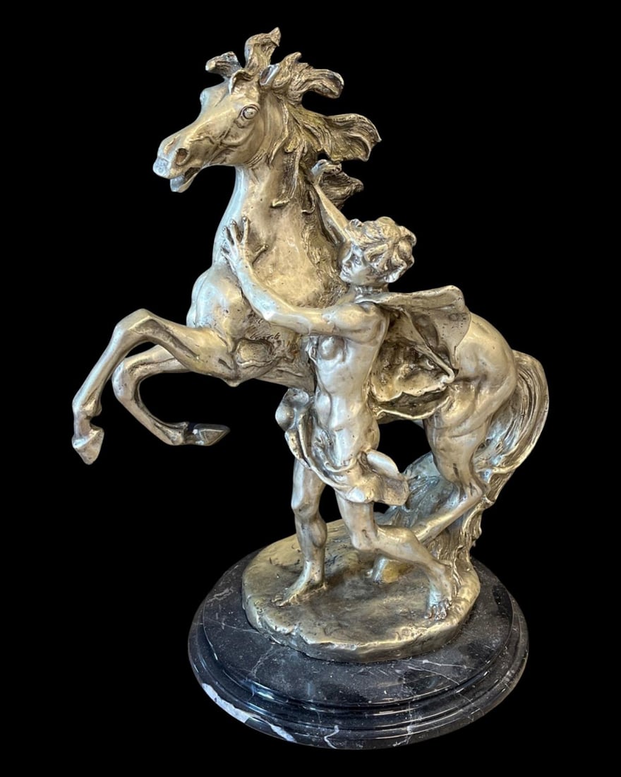 Silver Bronze on Marble Base Freedom Man & Horse Giuseppe Armani Style: Silver Bronze on Marble Base Freedom Man & Horse Giuseppe Armani Style measures H: 17" x W: 15"