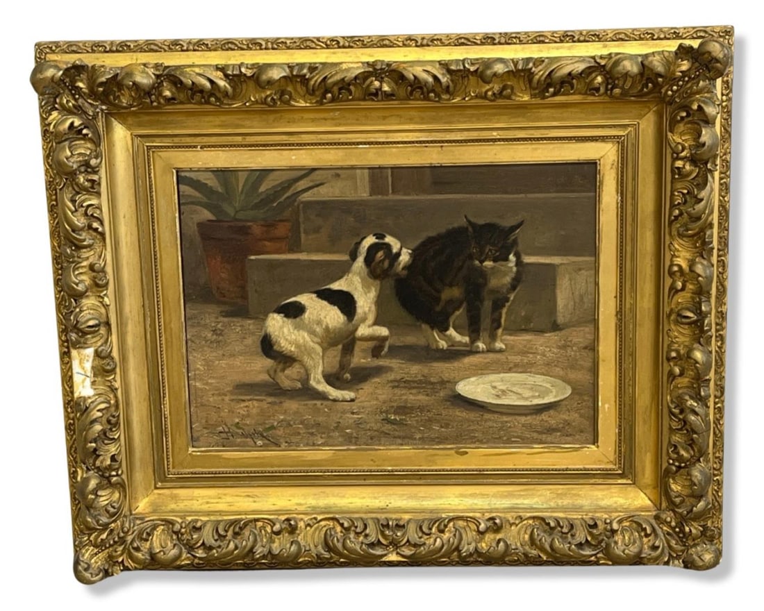 Signed John Henry Dolph (American, 1835-1903) Oil Painting on Board Panel Depicting Dog and Cat (1 of 3)