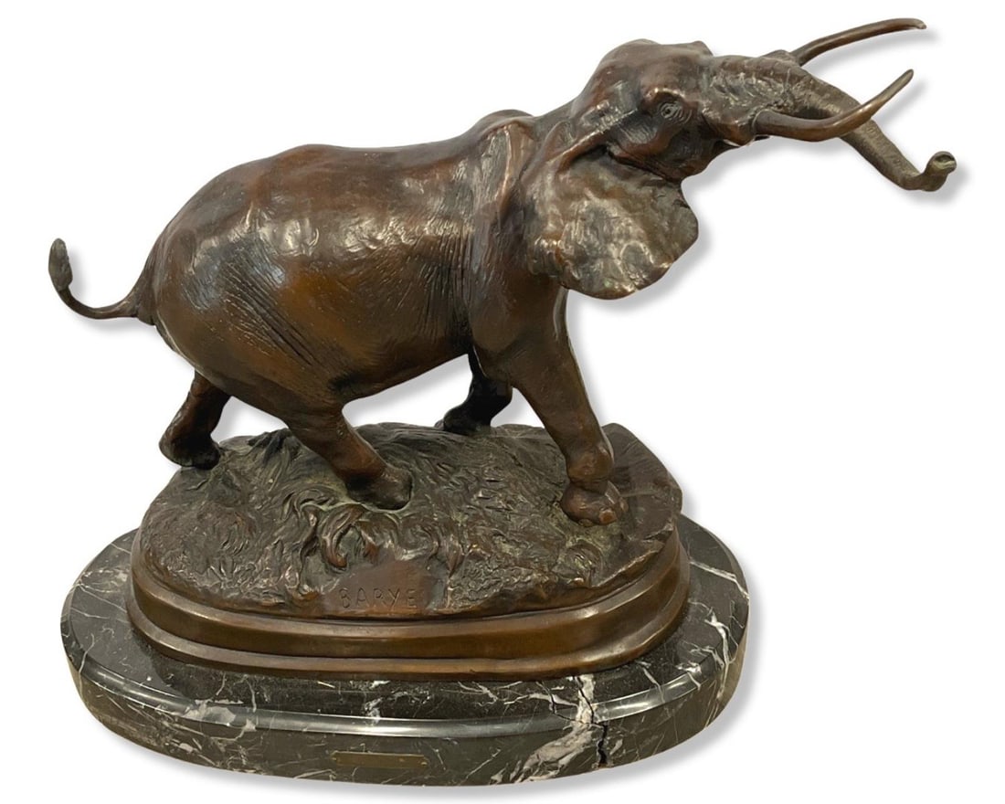 Signed Barye Bronze on Marble Base Elephant Sculpture (1 of 4)