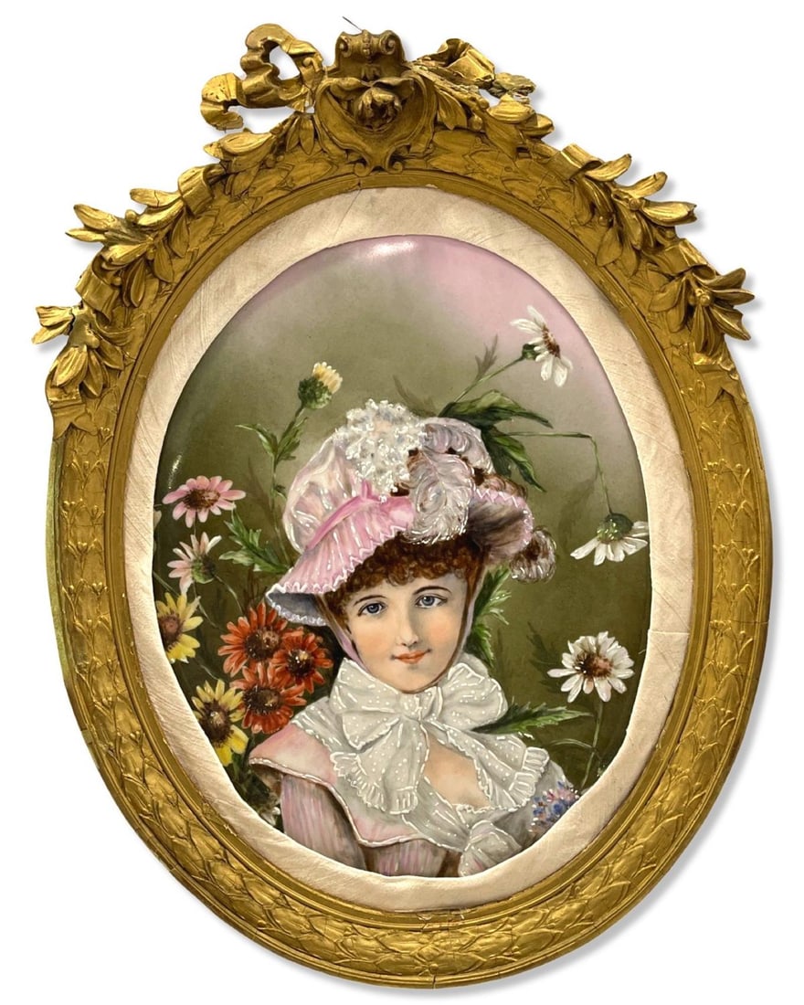 Limoges France Porcelain Portrait Plaque: Limoges France Porcelain Portrait Plaque measures 12" x 10", 1 1/2" frame