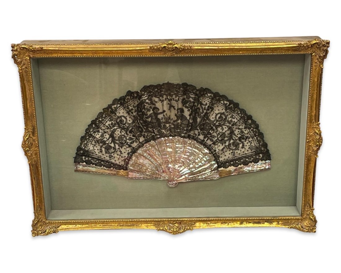 Antique Chinese Handpainted Fan Under Gilt Shadowglass Frame (1 of 2)