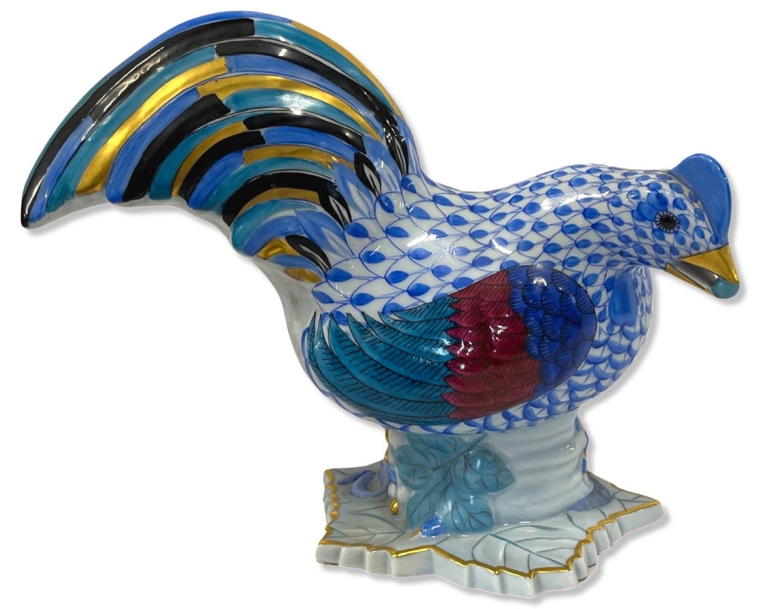 Herend Hungary Blue Fishnet Porcelain Rooster Figure (1 of 3)