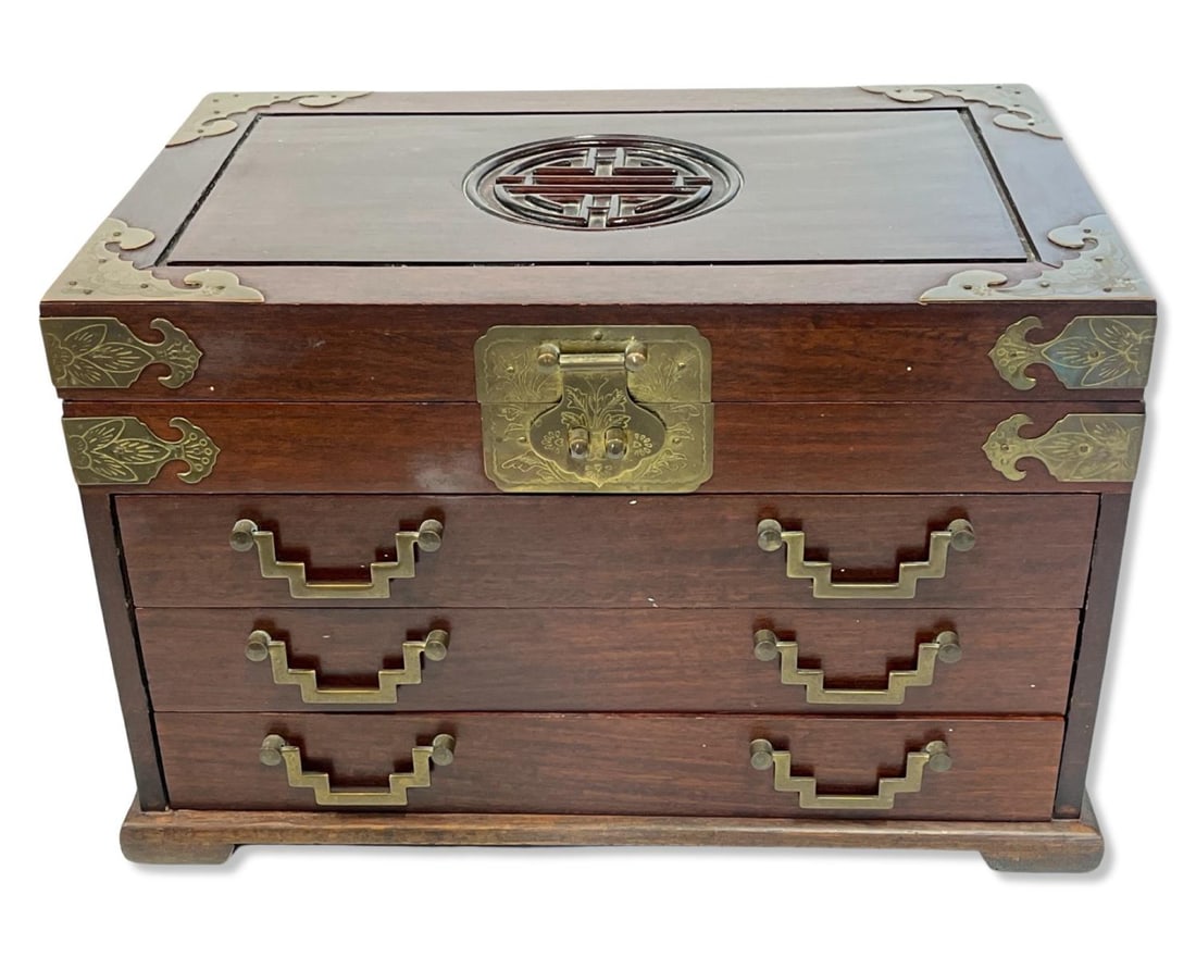 Chinese Carved Teakwood & Brass Mounted Jewelry Box (1 of 2)