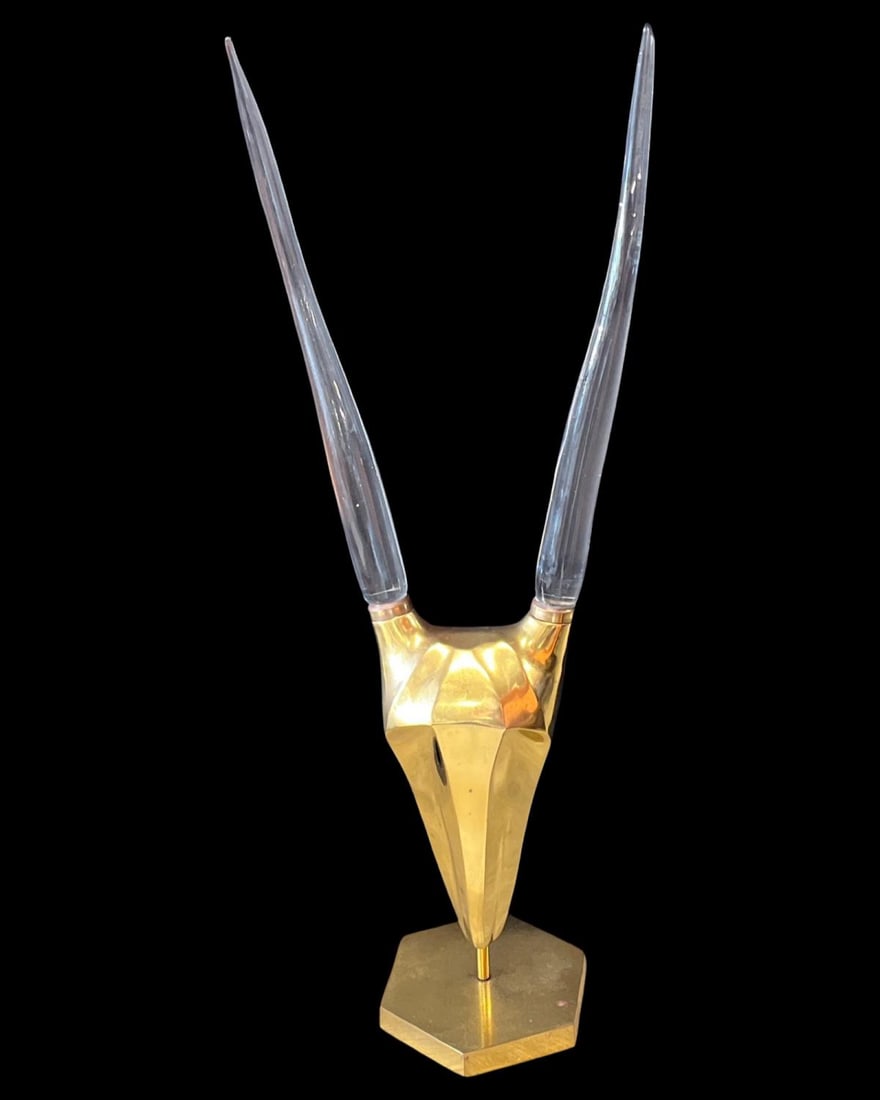 Karl Springer Style Brass Gazelle Head Sculpture with Glass Horn: Karl Springer Style Brass Gazelle Head Sculpture with Glass Horn measures H: 32"