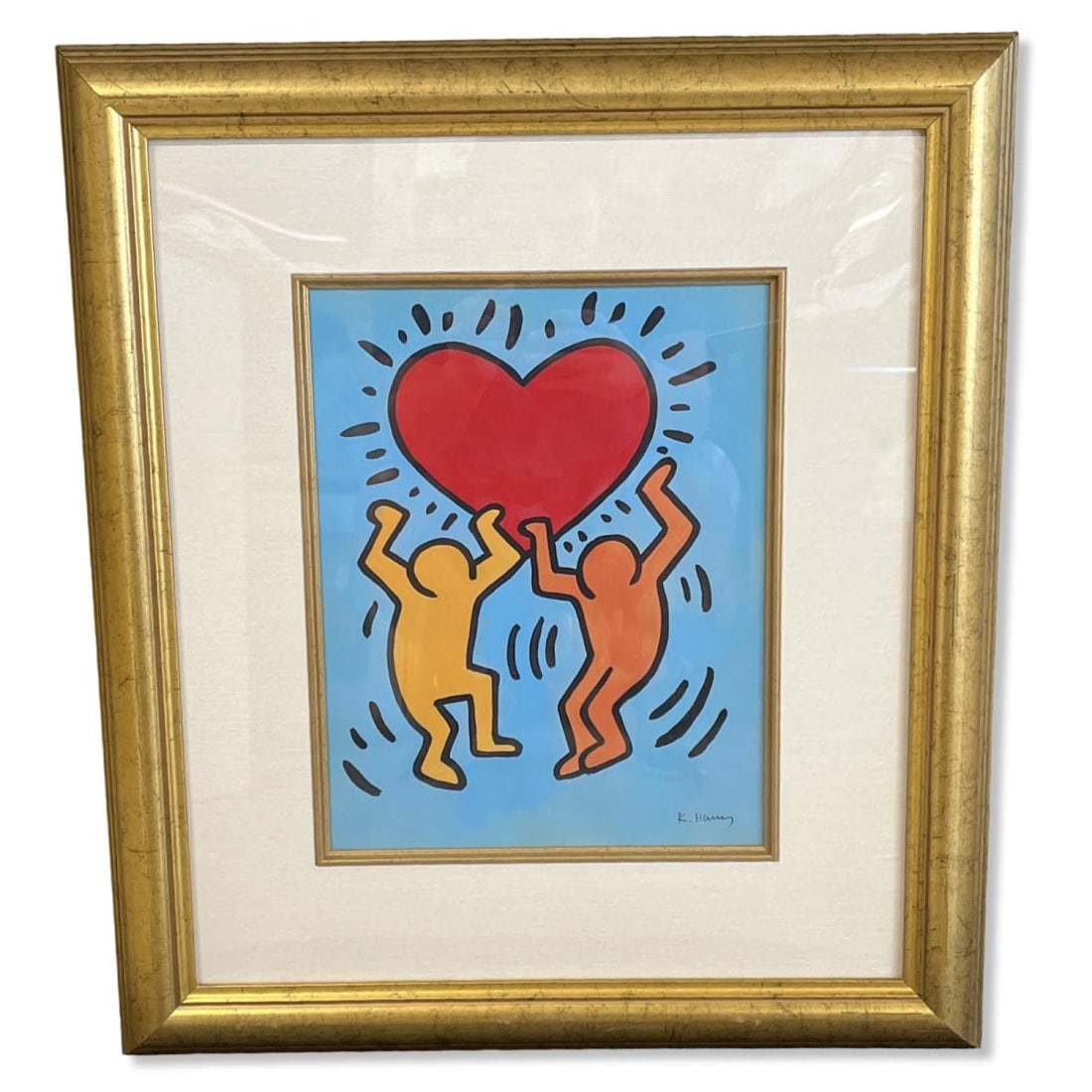 Keith Haring Style Graffiti Heart Watercolor Painting Depicting Two Figures Holding Up a Heart (1 of 2)