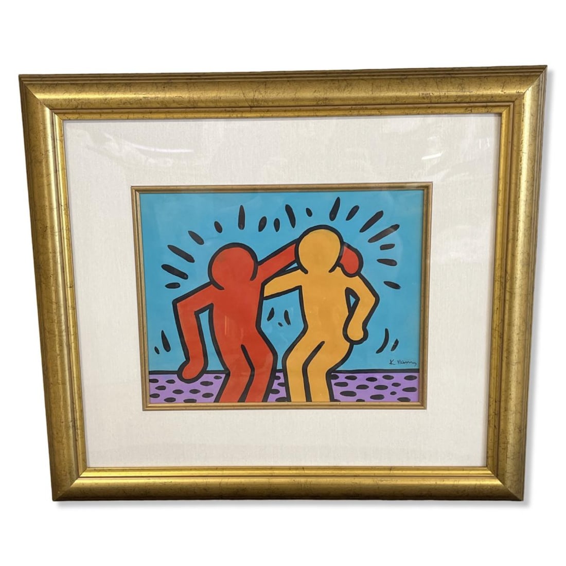 Keith Haring Style Graffiti Watercolor Painting Best Buddies Depicting Two Figures Arm in Arm (1 of 2)