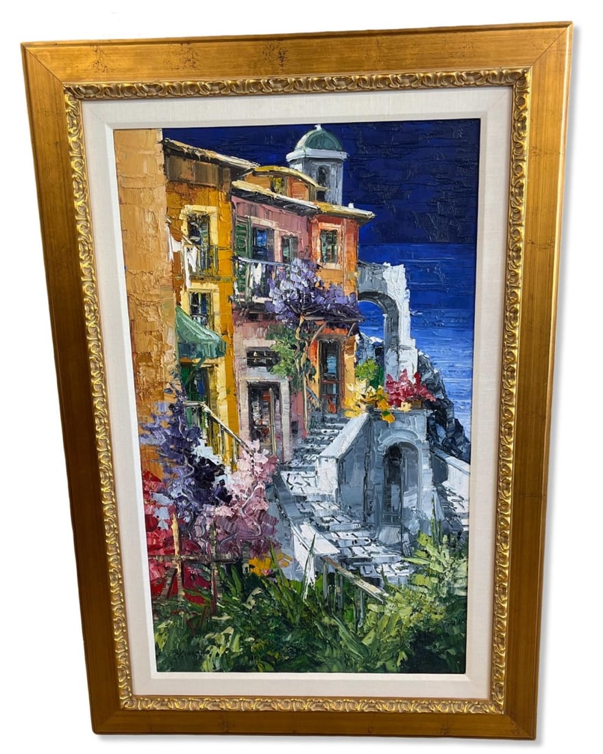 Signed Antonio Di Viccaro (Italian b. 1935) Oil Painting on Canvas Scalinatella Sul Mare (1 of 4)
