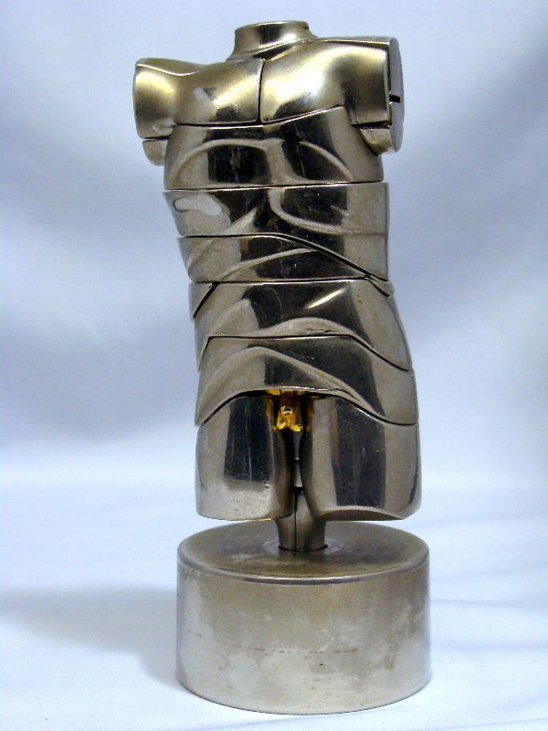 Miguel Berrocal(1933 Spanish) Sculpture: Miguel Berrocal (b. 1933 Spanish) Mini David Sculpture, nickel plated metal in 23 parts, signed Berrocal, Figural Puzzle, Made in Italy, with original box and Book. For Domestic or International Shipp