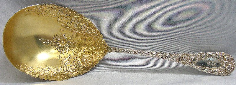 Harris & Schaeffer 925/1000 Ornate Silver Spoon: Harris Schaeffer ornately designed sterling silver 925/1000 oval serving spoon, monogram on front, gold wash bowl. Measures 8 7/5 inches long. For Domestic or International Shipping Quotes Please Feel