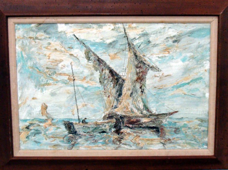 Elmo Gideon(French) Oil Painting On Canvas: Elmo Gideon oil painting on canvas depicting a seascape. Signed lower right. Measures 24" x 36". 4 1/2" frame. For Domestic or International Shipping Quotes Please Feel Call Ryan or Dave at Eagle Ship