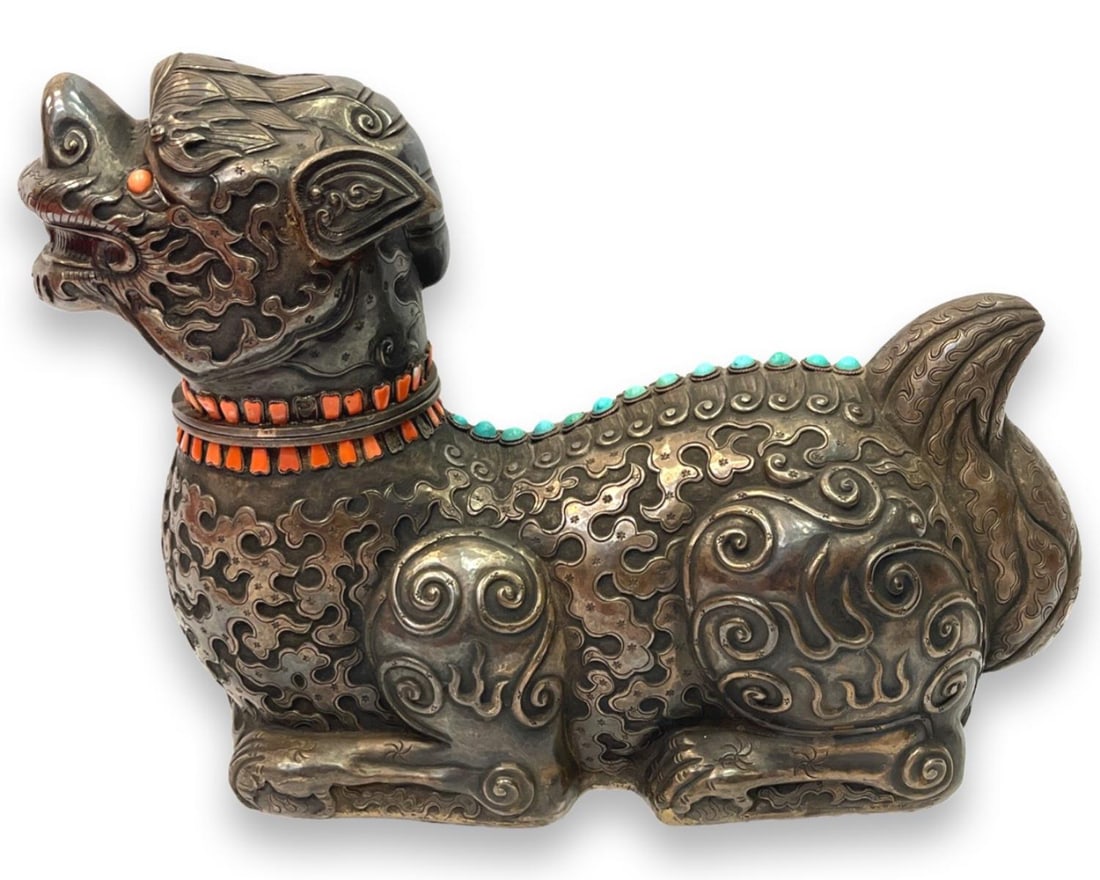 Chinese Sterling Silver, Coral & Turquoise Foo Dog Incense Burner (1 of 3)