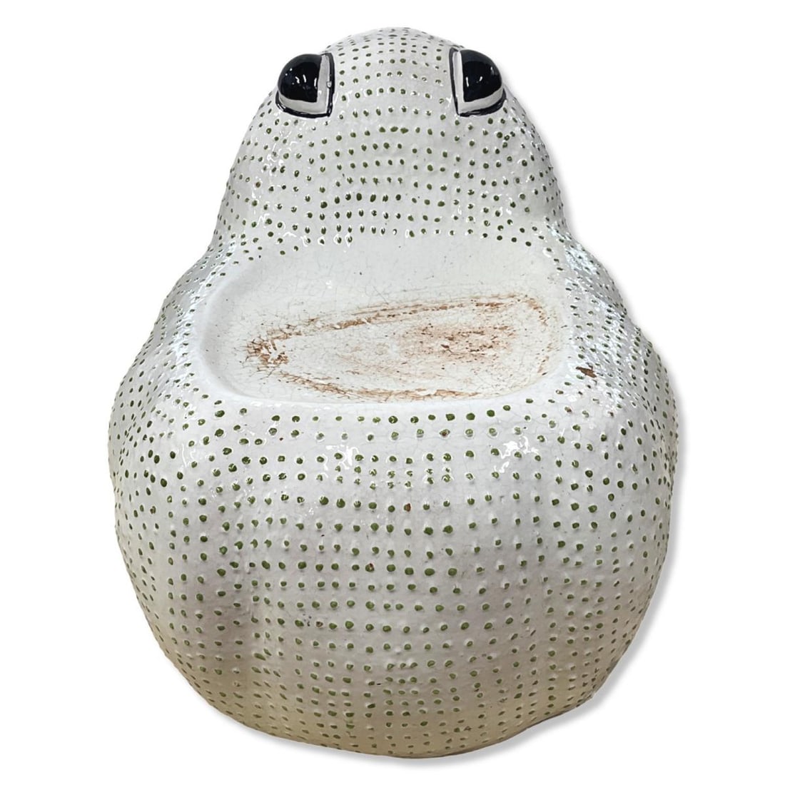 Italian Porcelain Frog Garden Seat: Italian Porcelain Frog Garden Seat Featuring Green Glaze with Black Eyes measures 20" x 23" x 15". Missing one leg, sold as is