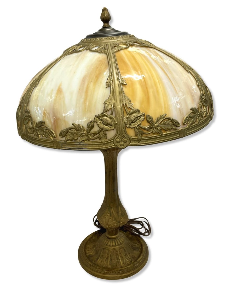 Signed Salem Bros. Slag Glass Table Lamp with American Gilt Metal Base (1 of 3)