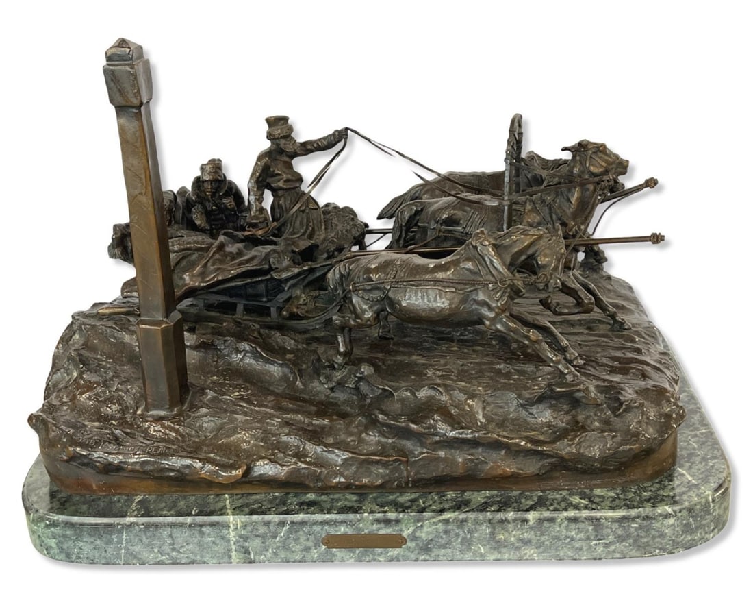 Signed After Vasily Yacovlevich Grachev (Russian, 1831-1905) Bronze Sculpture on Green Marble Base: Signed After Vasily Yacovlevich Grachev (Russian, 1831-1905) Bronze Sculpture on Green Marble Base The Milepost Troika Group measures 12 1/2" x 18" x 12"