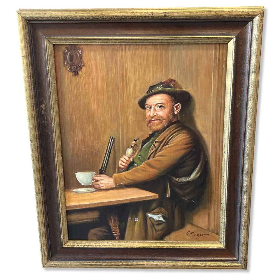 Signed Meyer Oil Painting on Board Man's Potrait: Signed Meyer Oil Painting on Board Man's Potrait. Signed lower right, measures 11" x 6", 1 1/2" frame