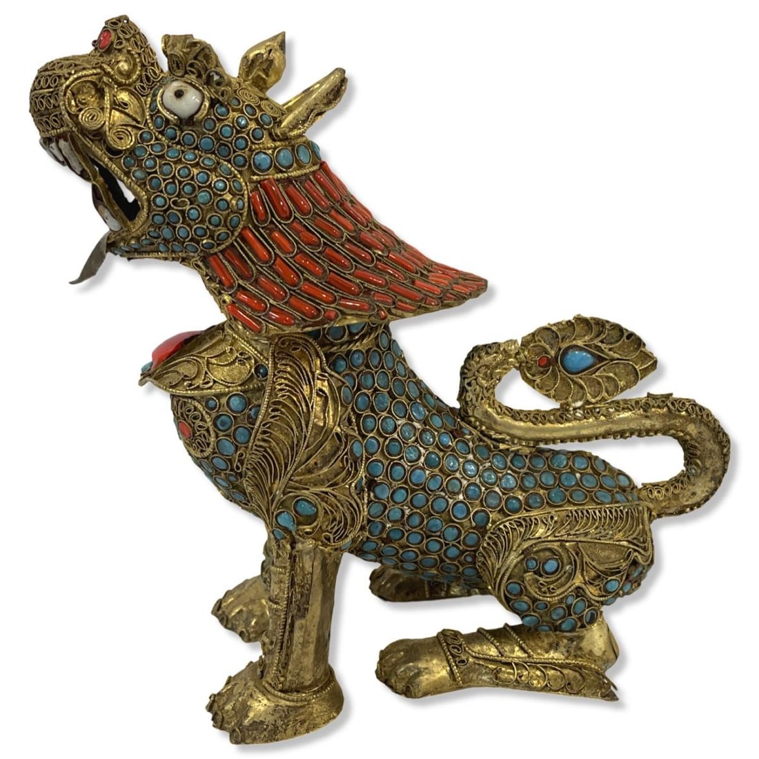 Chinese Brass Coral Turquoise Incet Foo Dog Figure (1 of 2)