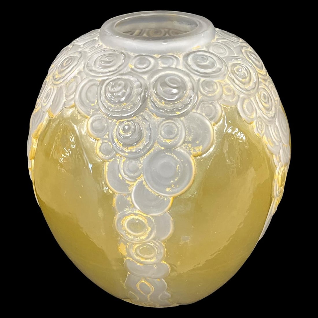 Signed Andre Hunebelle French Art Deco Glass Molded Vase: Signed Andre Hunebelle French Art Deco Glass Molded Vase. Signed Hunebelle France on bottom, measures H: 12 3/4"