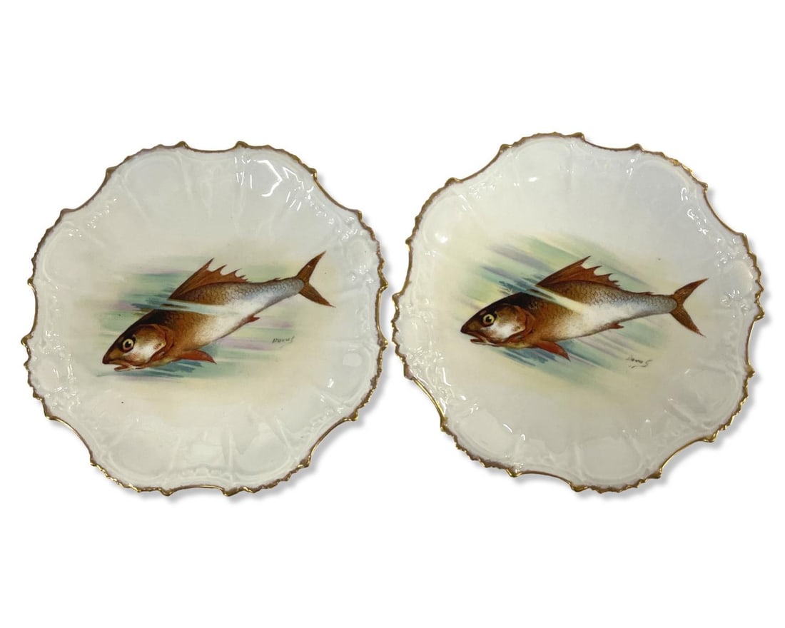 Signed Lot of 12 Limoges France Porcelain Fish Plates (1 of 3)
