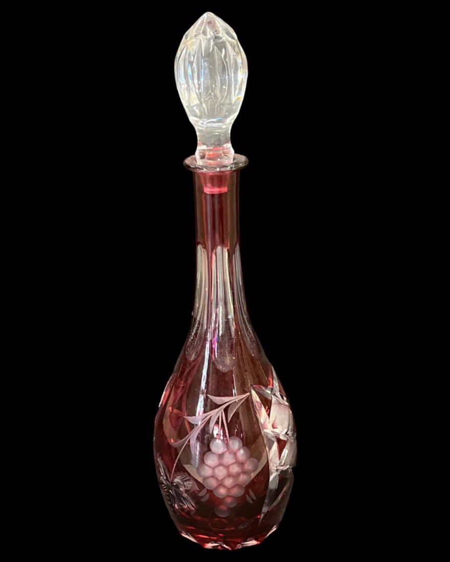 Bohemian Cranberry Cut to Clear Glass Decanter (1 of 2)