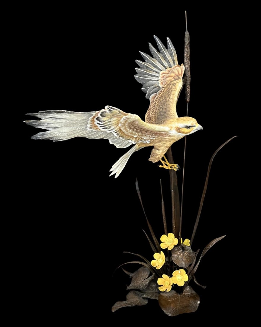 Edward Marshall Boehm (American, 1913-1969) Porcelain & Bronze Sculpture Depicting a Marsh Harrier: Edward Marshall Boehm (American, 1913-1969) Porcelain & Bronze Sculpture Depicting a Marsh Harrier Flying Bird Porcelain Figure Over Bronze Water Lilies Marked with Hallmark on the Bottom measures 26"