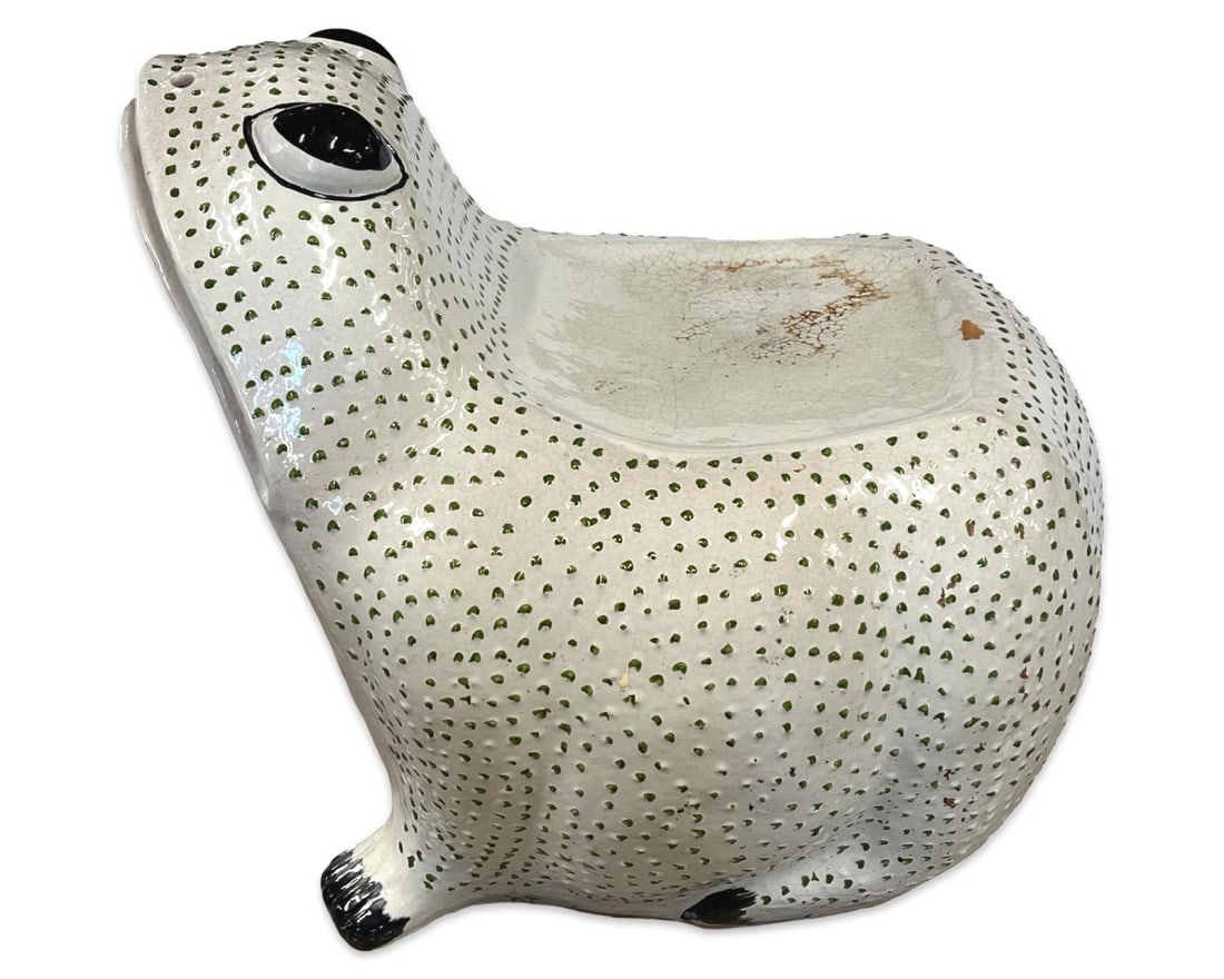 Italian Porcelain Frog Garden Seat Featuring Green Glaze with Black Eyes: Italian Porcelain Frog Garden Seat Featuring Green Glaze with Black Eyes measures 20" x 23" x 15"