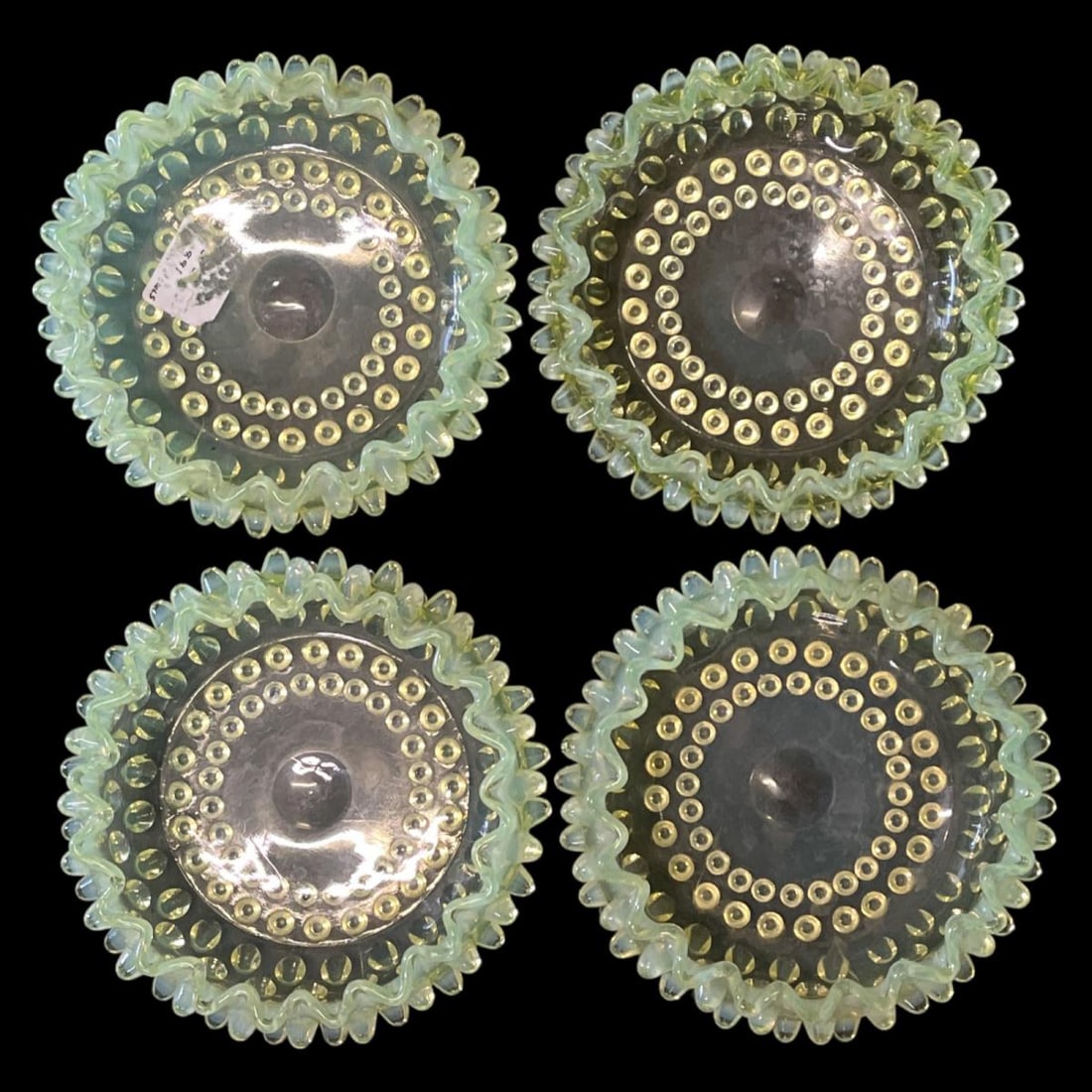 Four Pcs Hobbs Hobnail Vaseline Opalescent Victorian Glass Bowls (1 of 1)