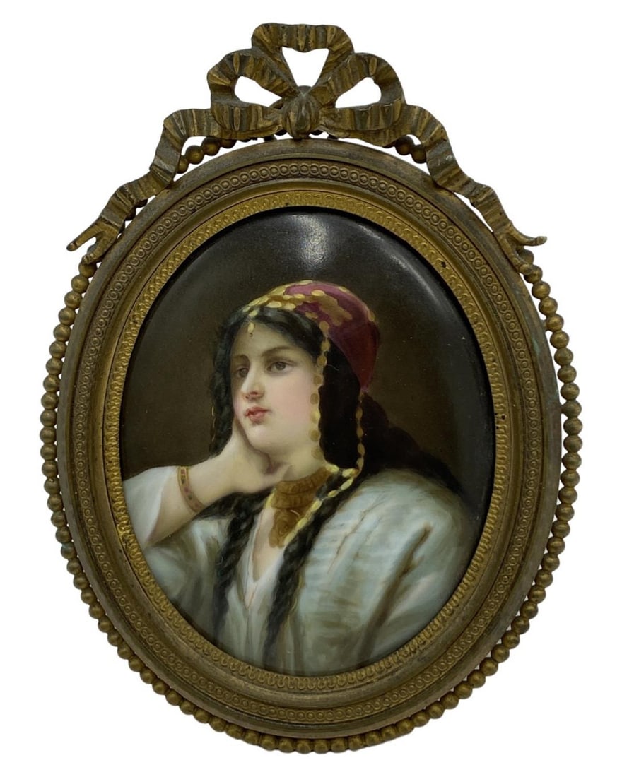 French Hand Painted Porcelain Miniature Portrait Plaque on Gilt Brass Frame (1 of 1)