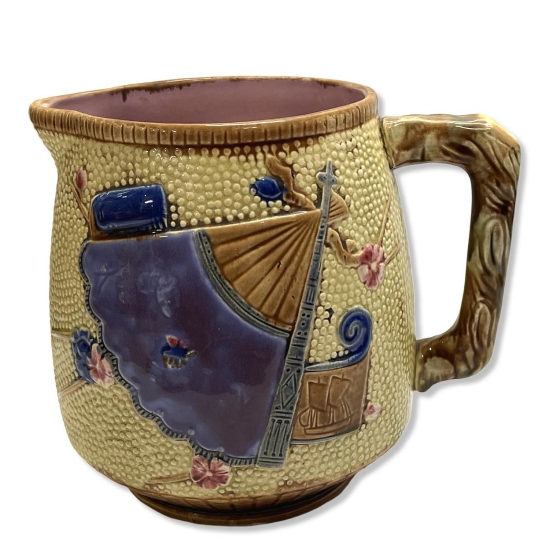 Antique Victorian English Majolica Pitcher with Fan (1 of 2)