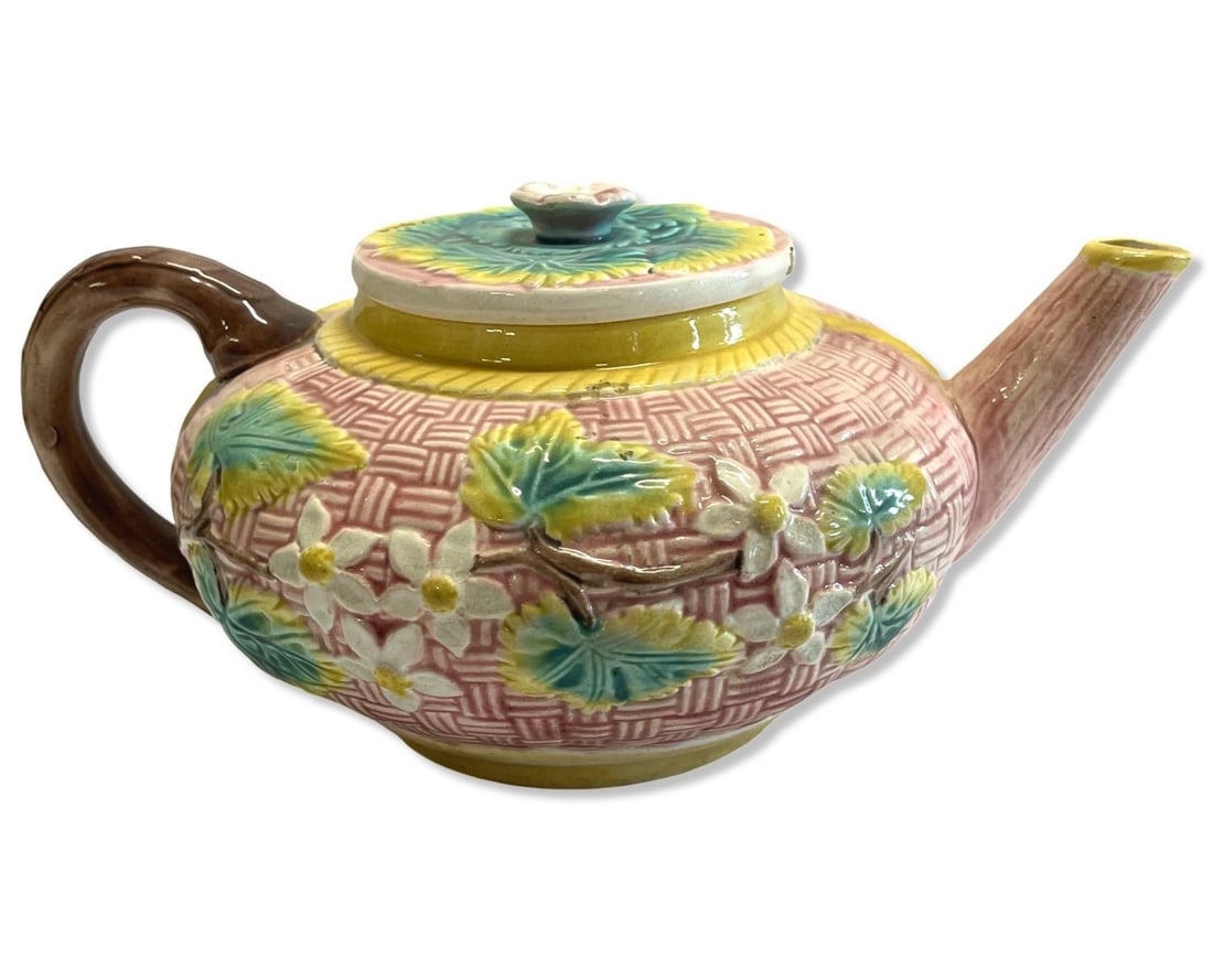 Antique French Majolica Basketweave Teapot: Antique French Majolica Basketweave Teapot measures 4 1/2" x 10"