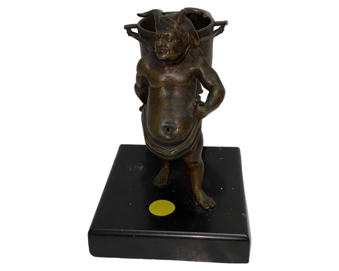 Unusual Antique Bronze Sculpture Of Horned Devil On Black Onys Base (1 of 2)